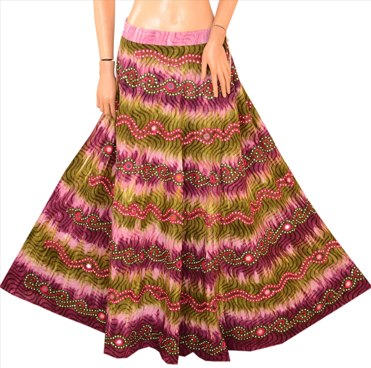Sanskriti Vintage Multicolor Cotton Skirt Long Stitched Bollywood Hand Beaded  Mirror Work XL Size