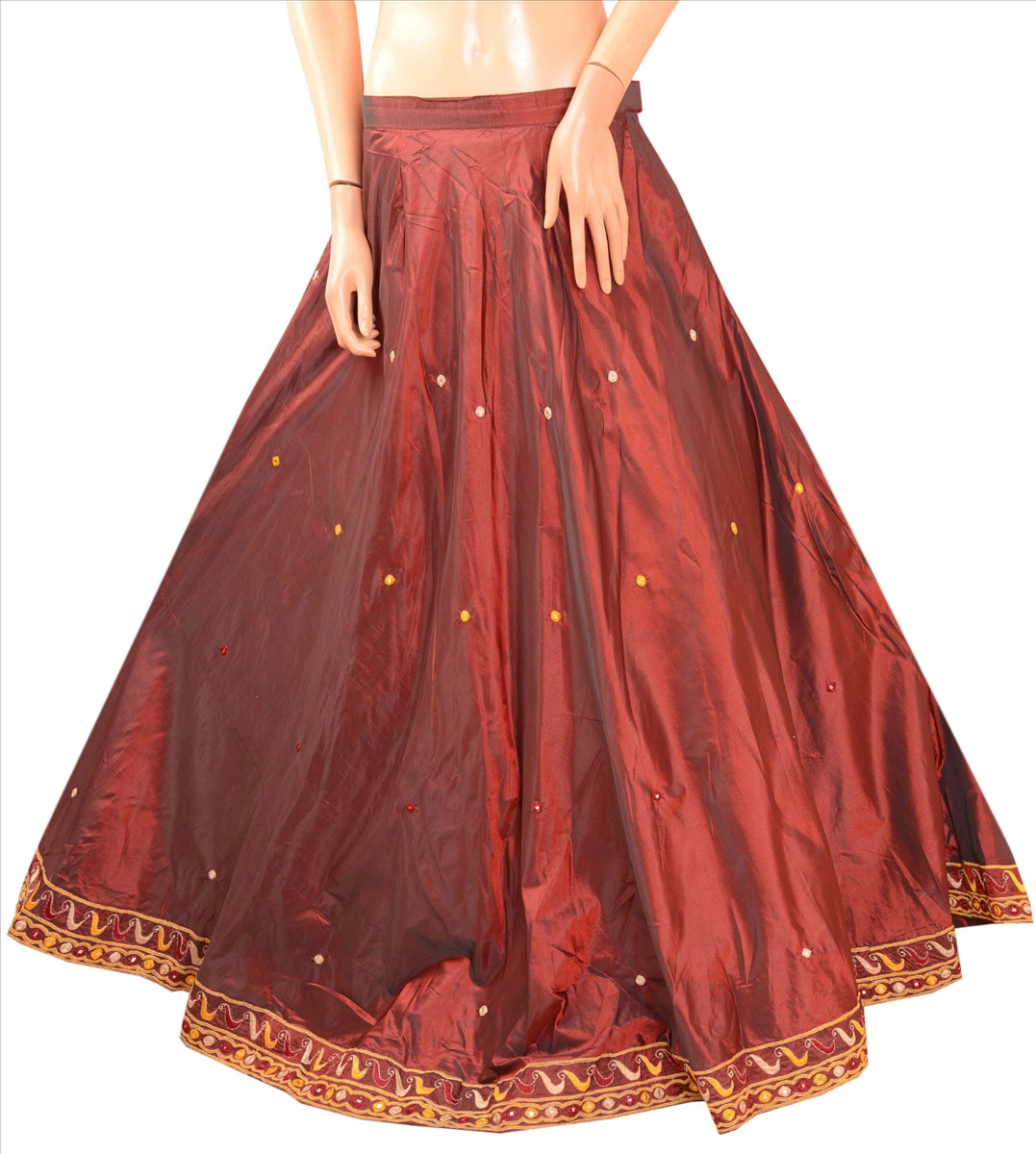 Sanskriti Vintage Dark Red 100% Pure Silk Skirt Stitched Long Hand Beaded Mirror Work