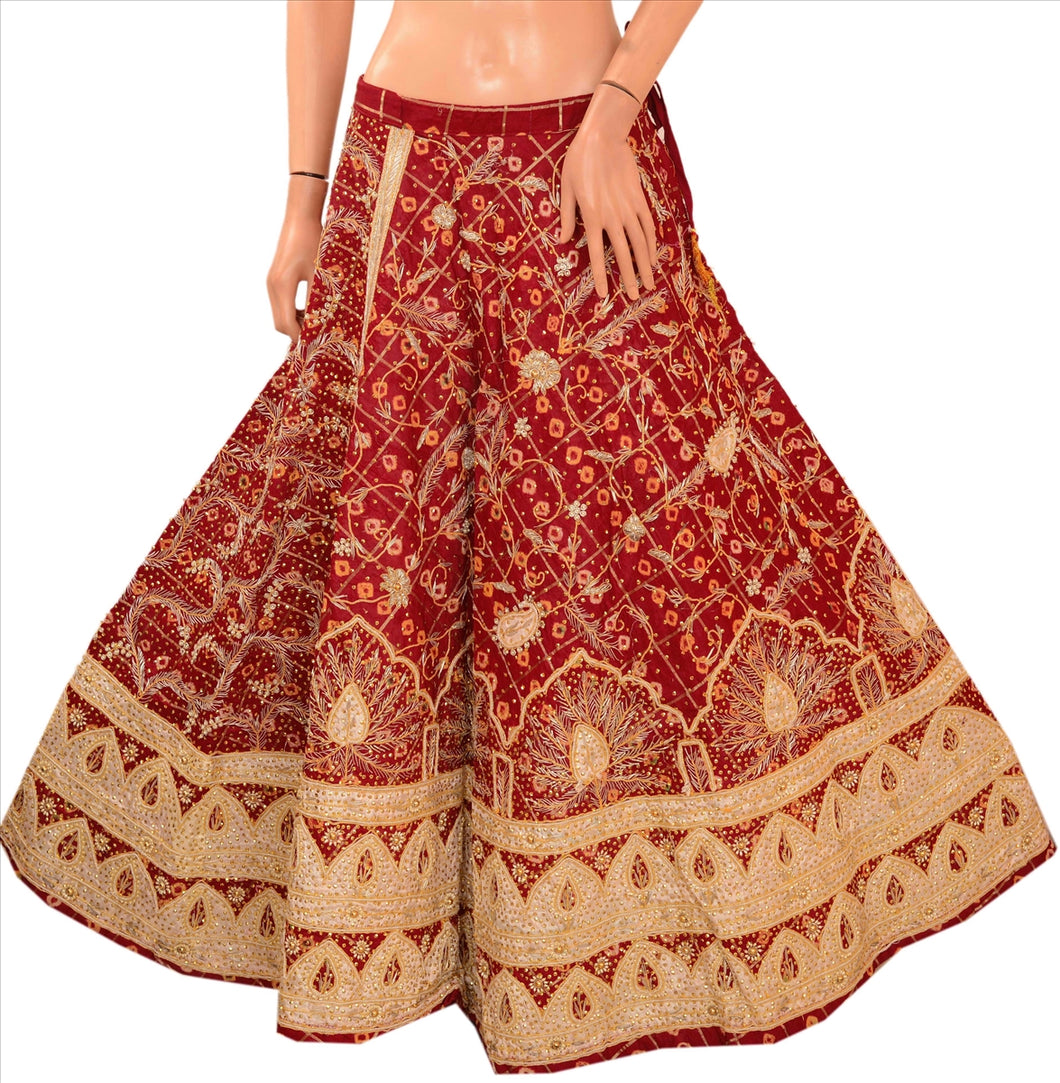 Vintage Indian Wedding Women Long Skirt Hand Beaded Bandhani M Size Lehenga