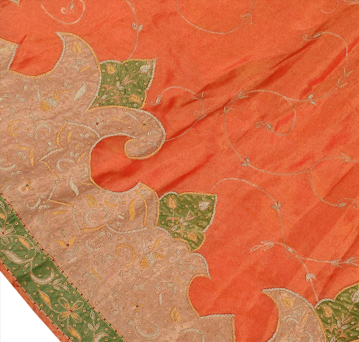 Sanskriti Vintage Peach Tissue Skirt Long Stitched Ethnic Hand Beaded Zardozi  L Size