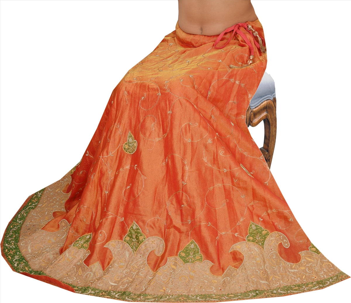 Sanskriti Vintage Peach Tissue Skirt Long Stitched Ethnic Hand Beaded Zardozi  L Size