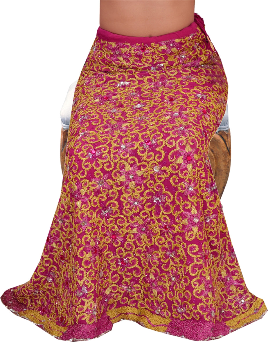 Vintage Indian Bollywood Women Long Skirt Hand Beaded Pink S Size Lehenga