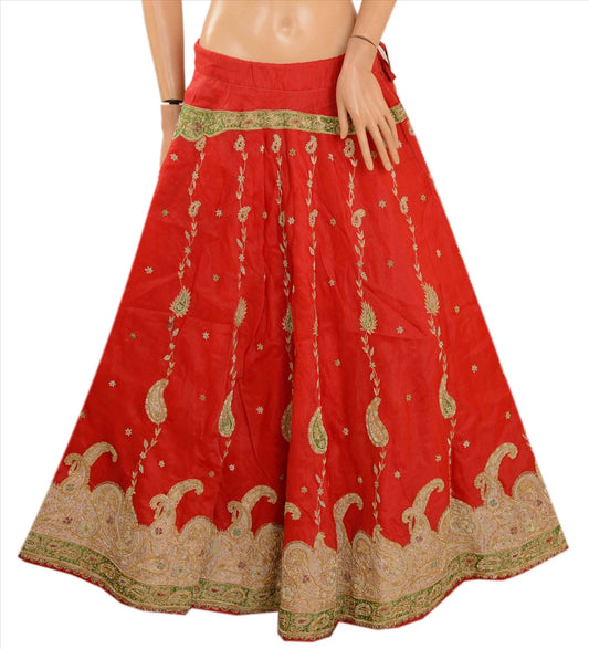 Sanskriti Vintage Indian Wedding Women Long Skirt Hand Beaded Red L Size Lehenga