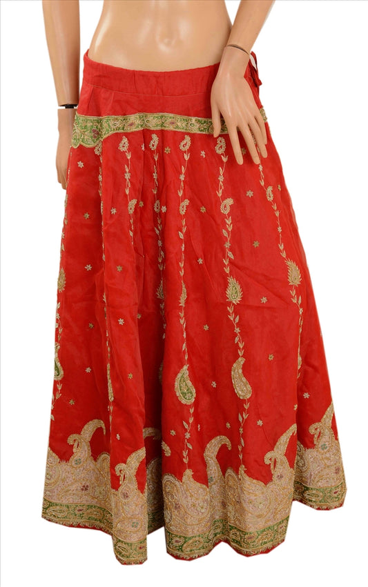 Sanskriti Vintage Indian Wedding Women Long Skirt Hand Beaded Red L Size Lehenga