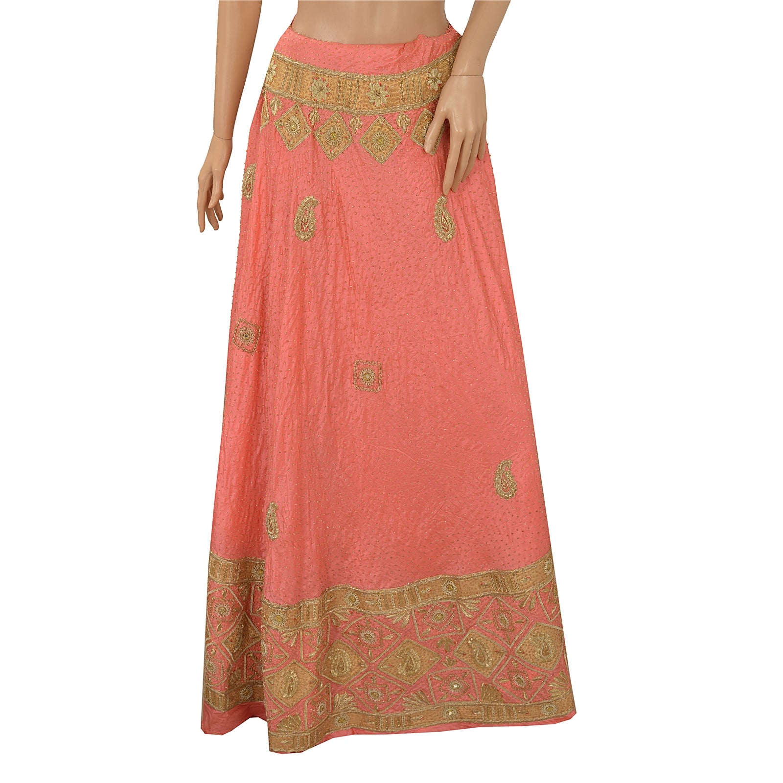 Sanskriti New Peach 100% Pure Silk Skirt Long Unstitched Hand Beaded Zardozi Mirror Work Wedding