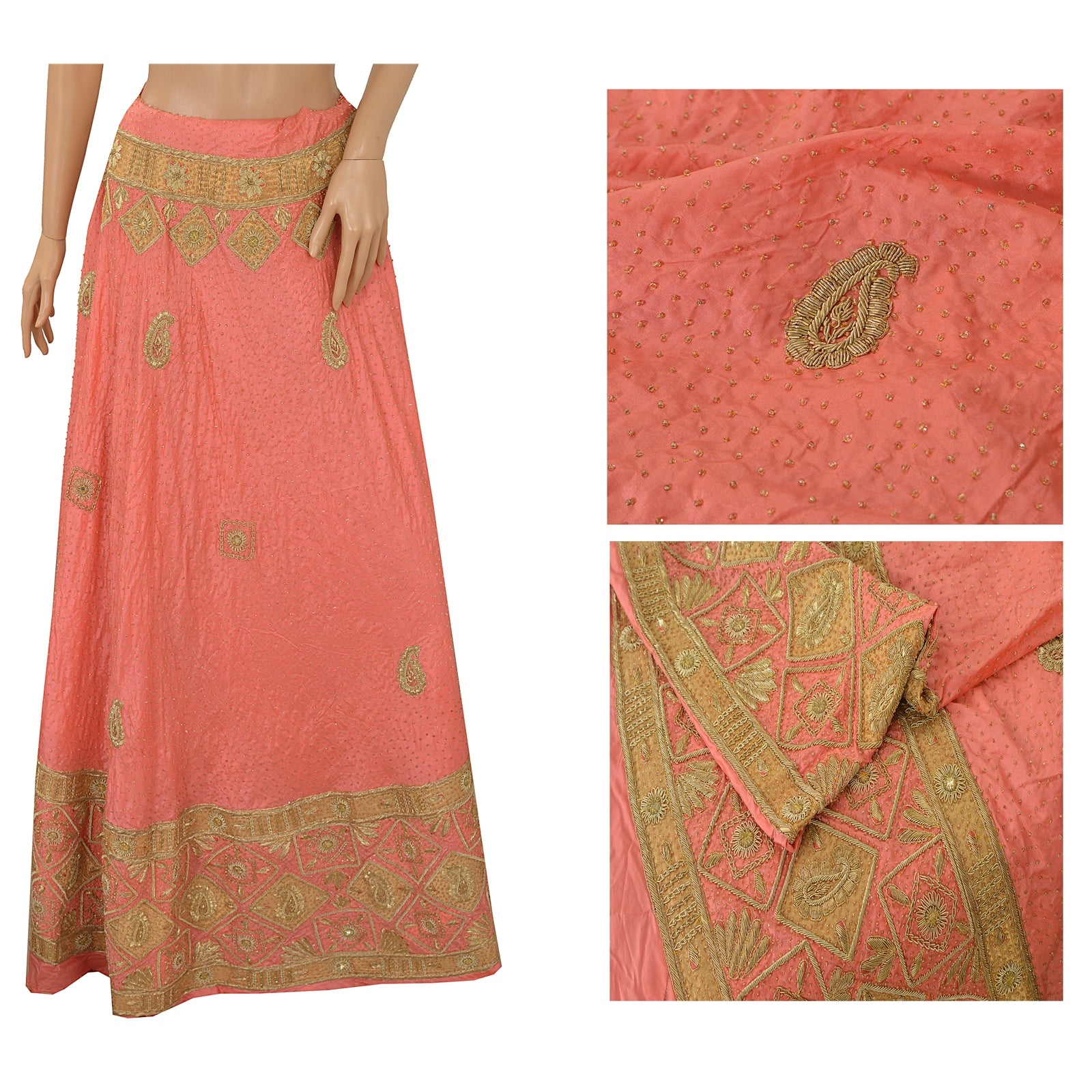 Sanskriti New Peach 100% Pure Silk Skirt Long Unstitched Hand Beaded Zardozi Mirror Work Wedding