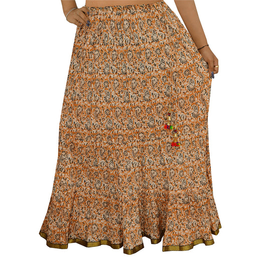 Sanskriti New Long Skirt Women Cotton Brown Printed Design with Zari Border