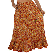 Sanskriti New Long Skirt Women Cotton Brown Printed Design with Zari Border