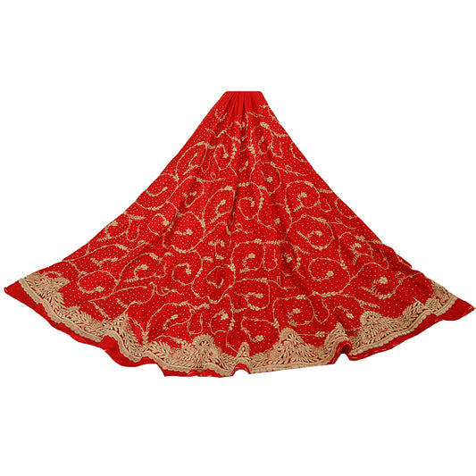 Sanskriti Vintage Red Unstitched Pure Silk Long Skirt Lehenga Heavy Wedding Zari