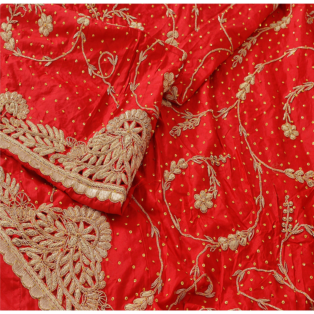 Sanskriti Vintage Red Unstitched Pure Silk Long Skirt Lehenga Heavy Wedding Zari