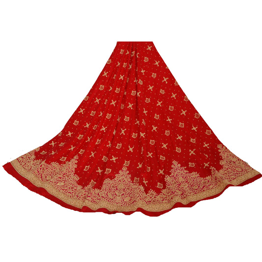 Sanskriti Vintage Red Unstitched Pure Silk Long Skirt Lehenga Heavy Wedding