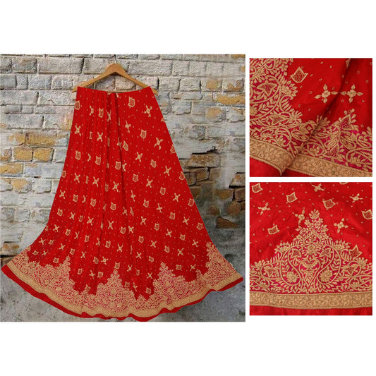 Sanskriti Vintage Red Unstitched Pure Silk Long Skirt Lehenga Heavy Wedding