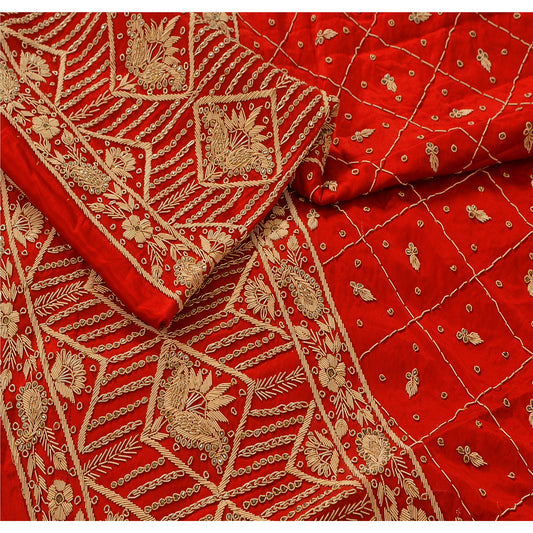 Sanskriti Vintage Red Unstitched Long Skirt Lehenga Heavy Wedding Zardozi