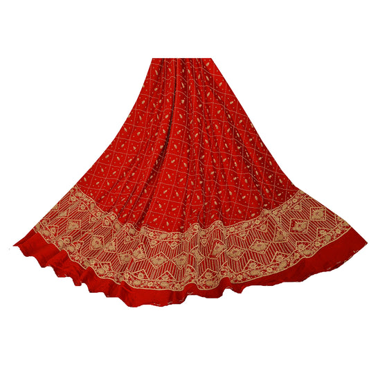 Sanskriti Vintage Red Unstitched Long Skirt Lehenga Heavy Wedding Zardozi