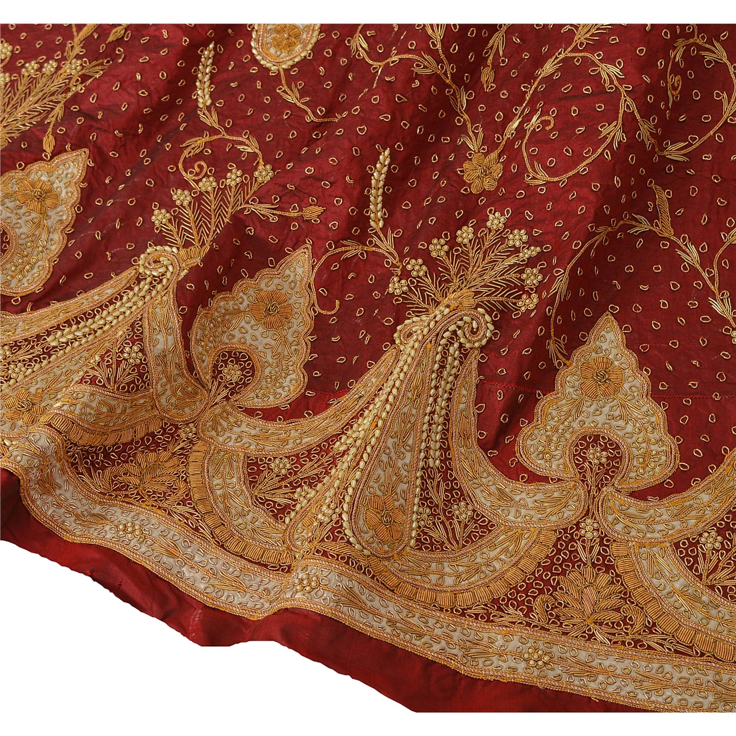 Sanskriti Vintage Unstitched Pure Silk Long Skirt Lehenga Heavy Wedding Pearl