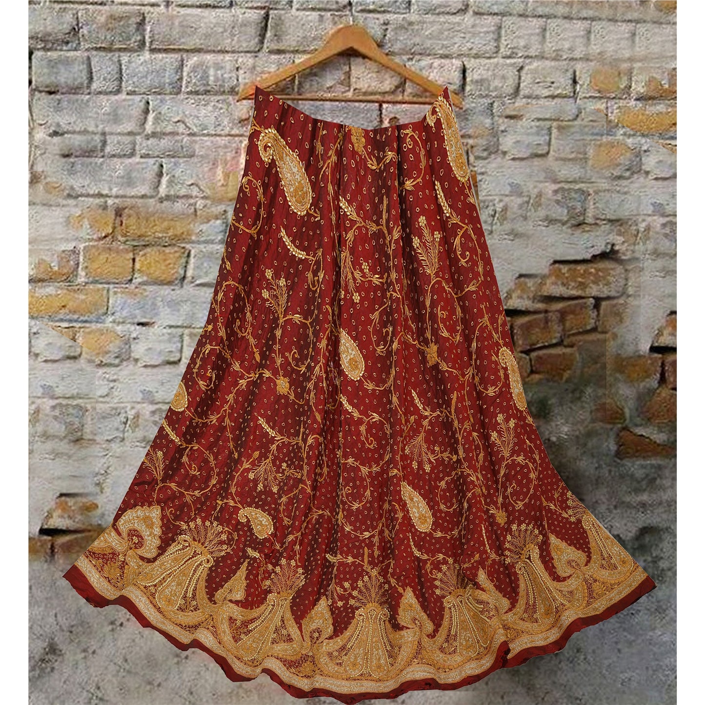 Sanskriti Vintage Unstitched Pure Silk Long Skirt Lehenga Heavy Wedding Pearl