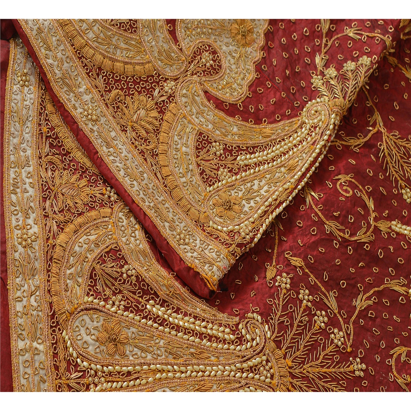 Sanskriti Vintage Unstitched Pure Silk Long Skirt Lehenga Heavy Wedding Pearl