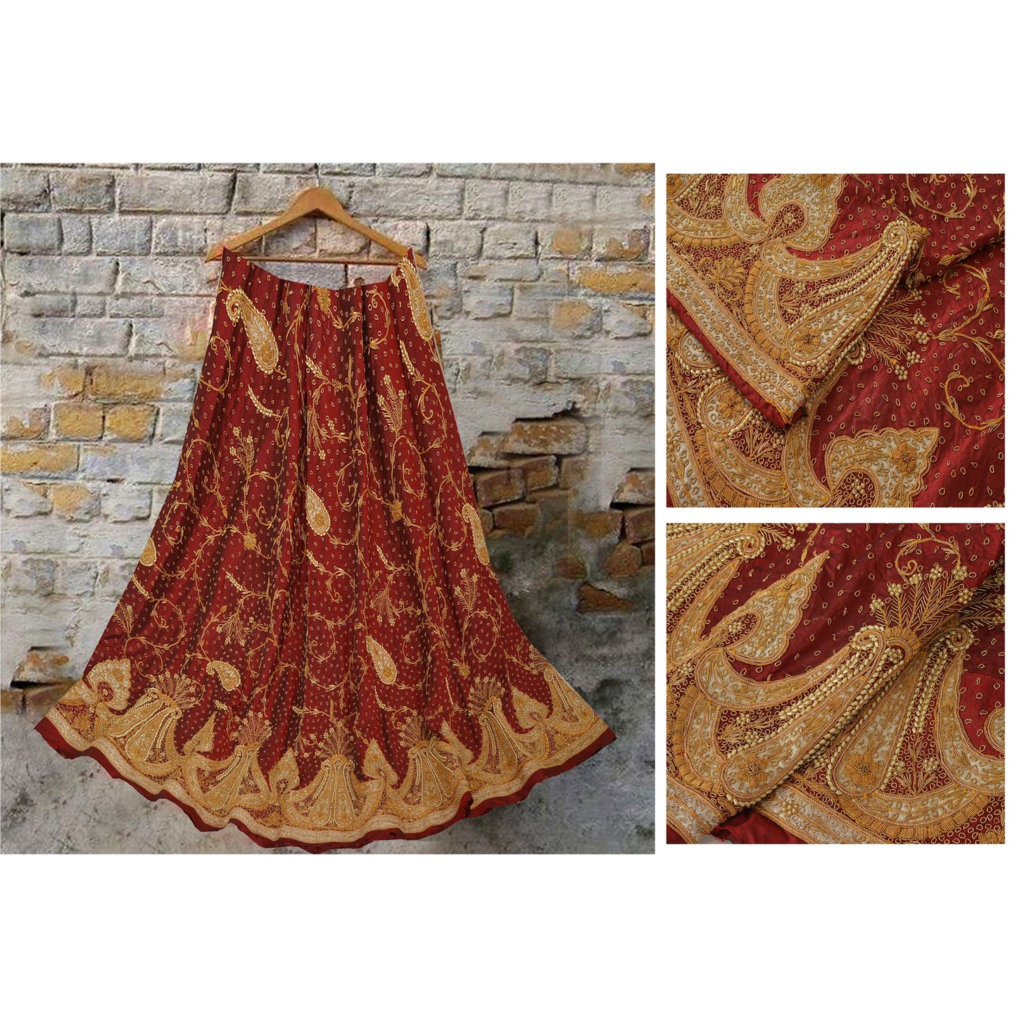 Sanskriti Vintage Unstitched Pure Silk Long Skirt Lehenga Heavy Wedding Pearl