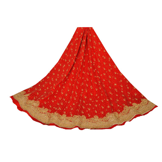 Sanskriti Vintage Red Unstitched Pure Silk Long Skirt Lehenga Heavy Wedding