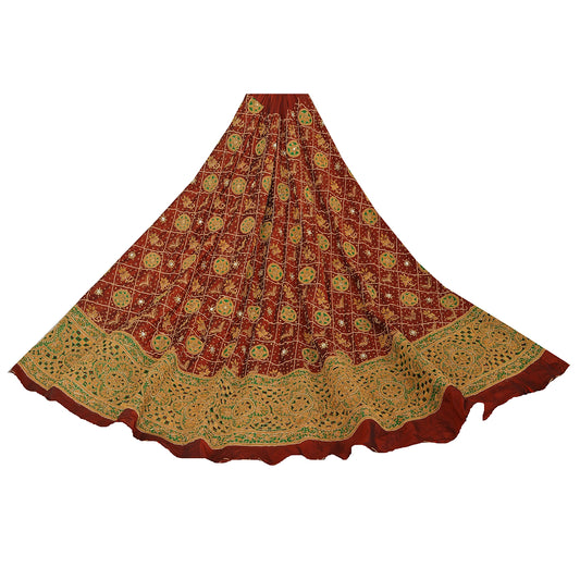 Sanskriti Vintage Dark Red Unstitched Pure Silk Long Skirt Lehenga Heavy Wedding