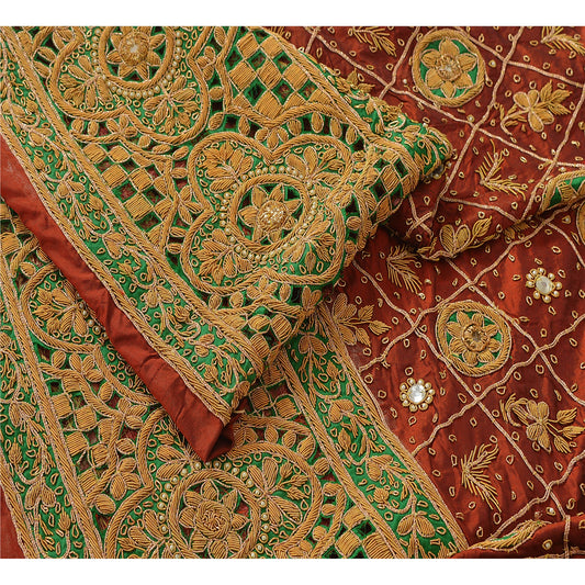 Sanskriti Vintage Dark Red Unstitched Pure Silk Long Skirt Lehenga Heavy Wedding