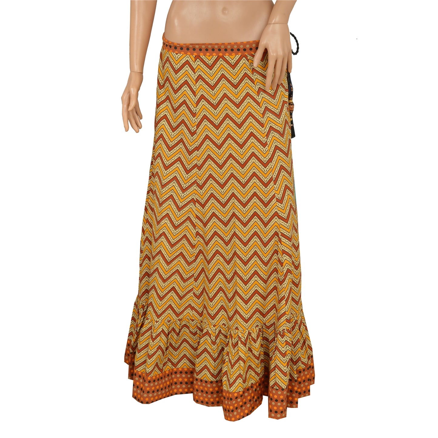 Sanskriti Vintage Long Skirt Pure Cotton Printed Cream Brown Patch Polka Small