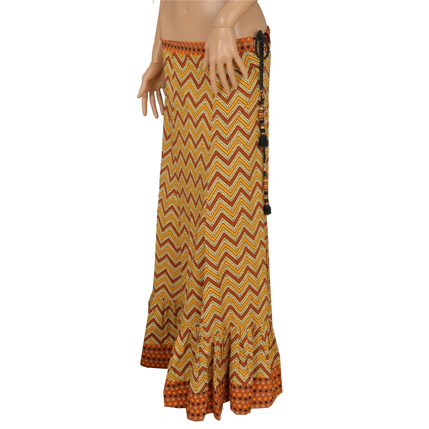 Sanskriti Vintage Long Skirt Pure Cotton Printed Cream Brown Patch Polka Small