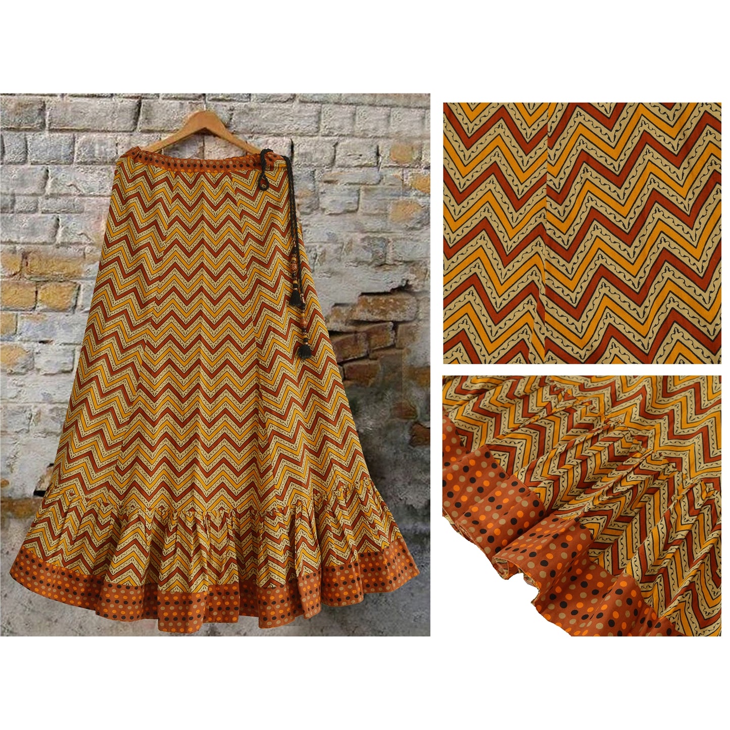 Sanskriti Vintage Long Skirt Pure Cotton Printed Cream Brown Patch Polka Small