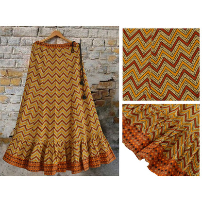 Sanskriti Vintage Long Skirt Pure Cotton Printed Cream Brown Patch Polka Small