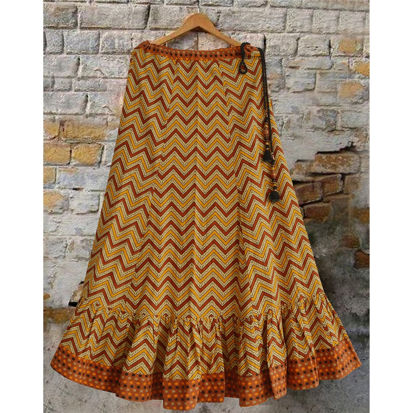 Sanskriti Vintage Long Skirt Pure Cotton Printed Cream Brown Patch Polka Small
