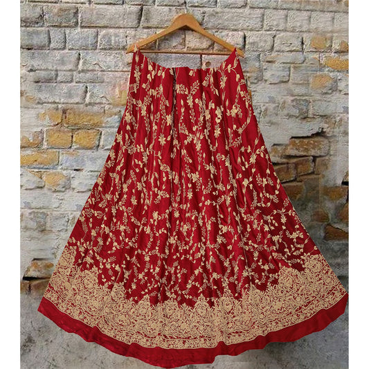 Sanskriti Vintage Red Long Skirt Pure Satin Silk Hand Beaded Ethnic Unstitched
