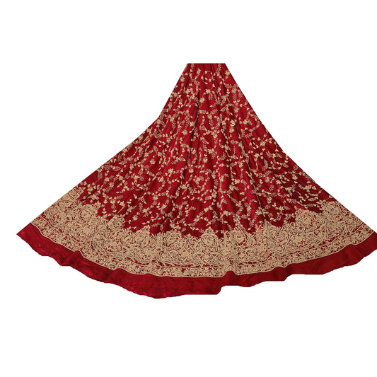 Sanskriti Vintage Red Long Skirt Pure Satin Silk Hand Beaded Ethnic Unstitched