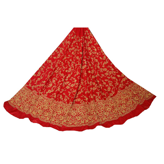 Sanskriti Vintage Red Long Skirt Pure Silk Hand Embroidered Ethnic Unstitched