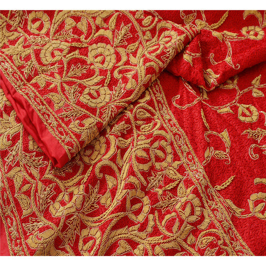 Sanskriti Vintage Red Long Skirt Pure Silk Hand Embroidered Ethnic Unstitched