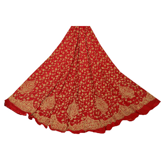 Sanskriti Vintage Red Long Skirt Hand Embroidered Pure Silk Ethnic Unstitched