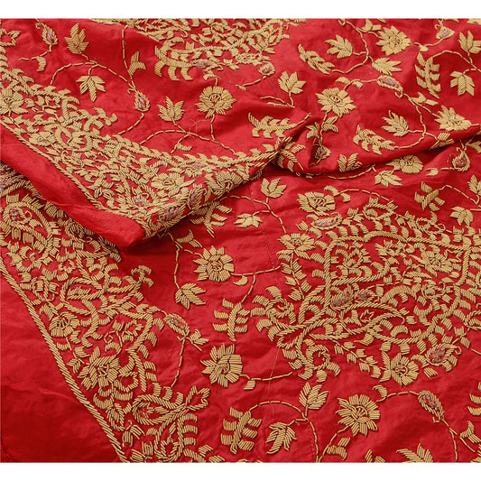 Sanskriti Vintage Red Long Skirt Hand Embroidered Pure Silk Ethnic Unstitched