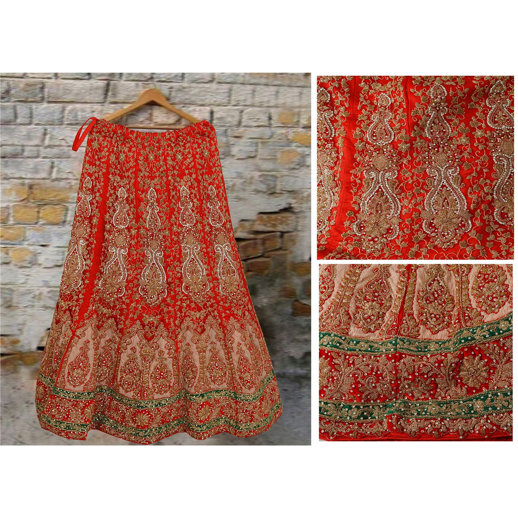 Sanskriti Vintage Red Long Skirt Net Mesh Hand Beaded Ethnic Lehenga Stitched