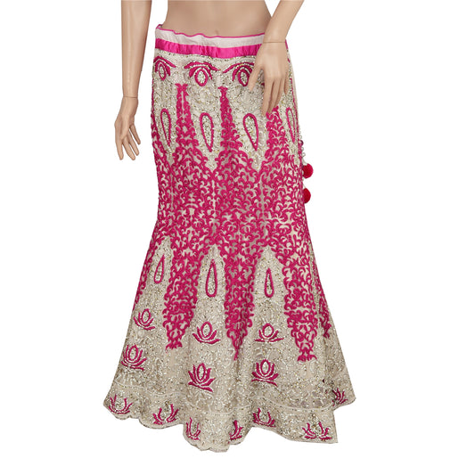 Sanskriti Vintage Pink/Cream Long Skirt Net Mesh Hand Beaded Ethnic Stitched