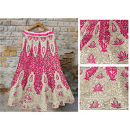 Sanskriti Vintage Pink/Cream Long Skirt Net Mesh Hand Beaded Ethnic Stitched
