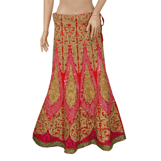 Sanskriti Vintage Red Long Skirt Art Silk Hand Beaded Ethnic Stitched Lehenga