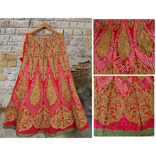 Sanskriti Vintage Red Long Skirt Art Silk Hand Beaded Ethnic Stitched Lehenga