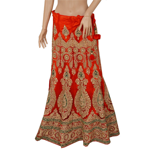 Sanskriti Vintage Red Long Skirt Net Mesh Hand Beaded Ethnic Stitched Lehenga