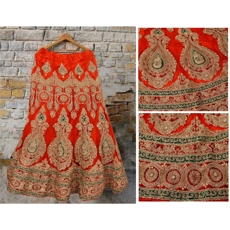 Sanskriti Vintage Red Stitched Skirt Net Mesh Hand Beaded Zari Dabka Ethnic Long