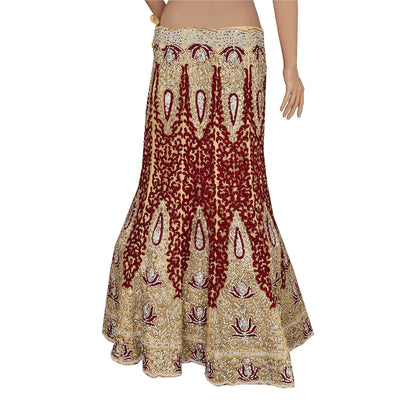 Sanskriti Vintage Golden Long Skirt Net Mesh Hand Beaded Ethnic Stitched Lehenga