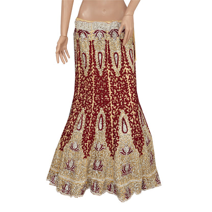 Sanskriti Vintage Golden Long Skirt Net Mesh Hand Beaded Ethnic Stitched Lehenga