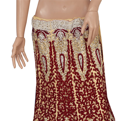 Sanskriti Vintage Golden Long Skirt Net Mesh Hand Beaded Ethnic Stitched Lehenga
