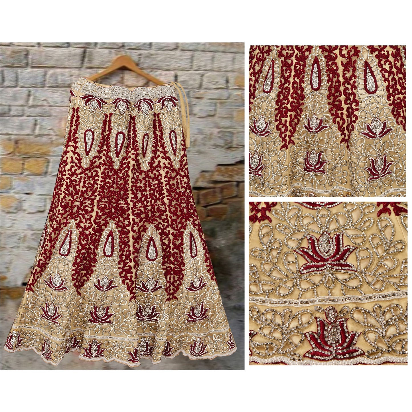 Sanskriti Vintage Golden Long Skirt Net Mesh Hand Beaded Ethnic Stitched Lehenga
