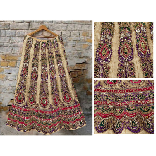 Sanskriti Vintage Cream Long Skirt Net Mesh Hand Beaded Ethnic Stitched Lehenga