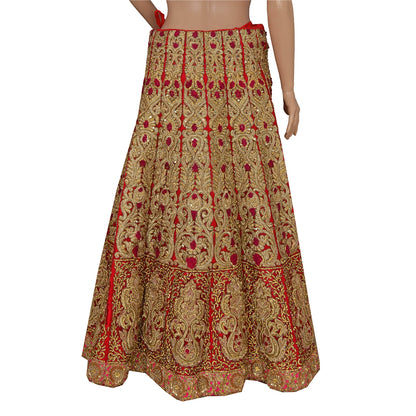 Sanskriti Vintage Red Long Skirt Net Mesh Hand Beaded Ethnic Stitched Bridal