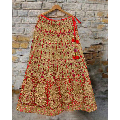 Sanskriti Vintage Red Long Skirt Net Mesh Hand Beaded Ethnic Stitched Bridal